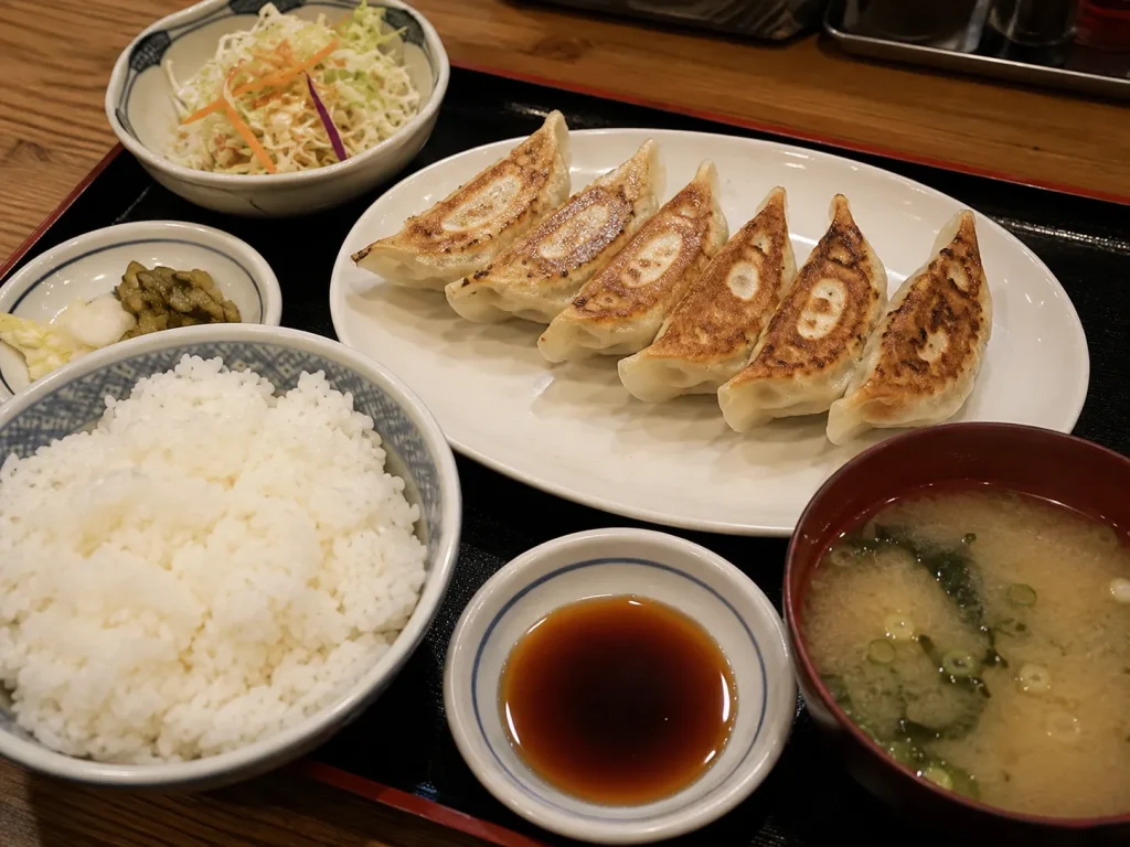 焼き餃子と白ご飯、味噌汁、サラダが並ぶ日本の定番餃子定食。餃子をおかずとして食べる日本の食文化を表した料理写真