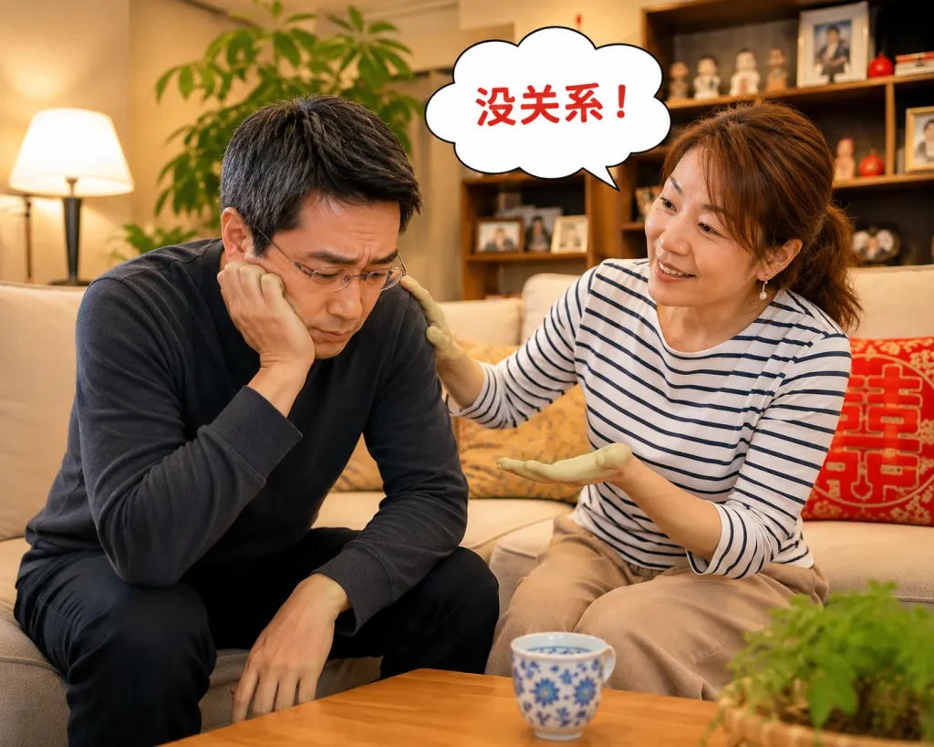 落ち込む日本人夫を励ましながら「没关系（大丈夫）」と声をかける中国人妻