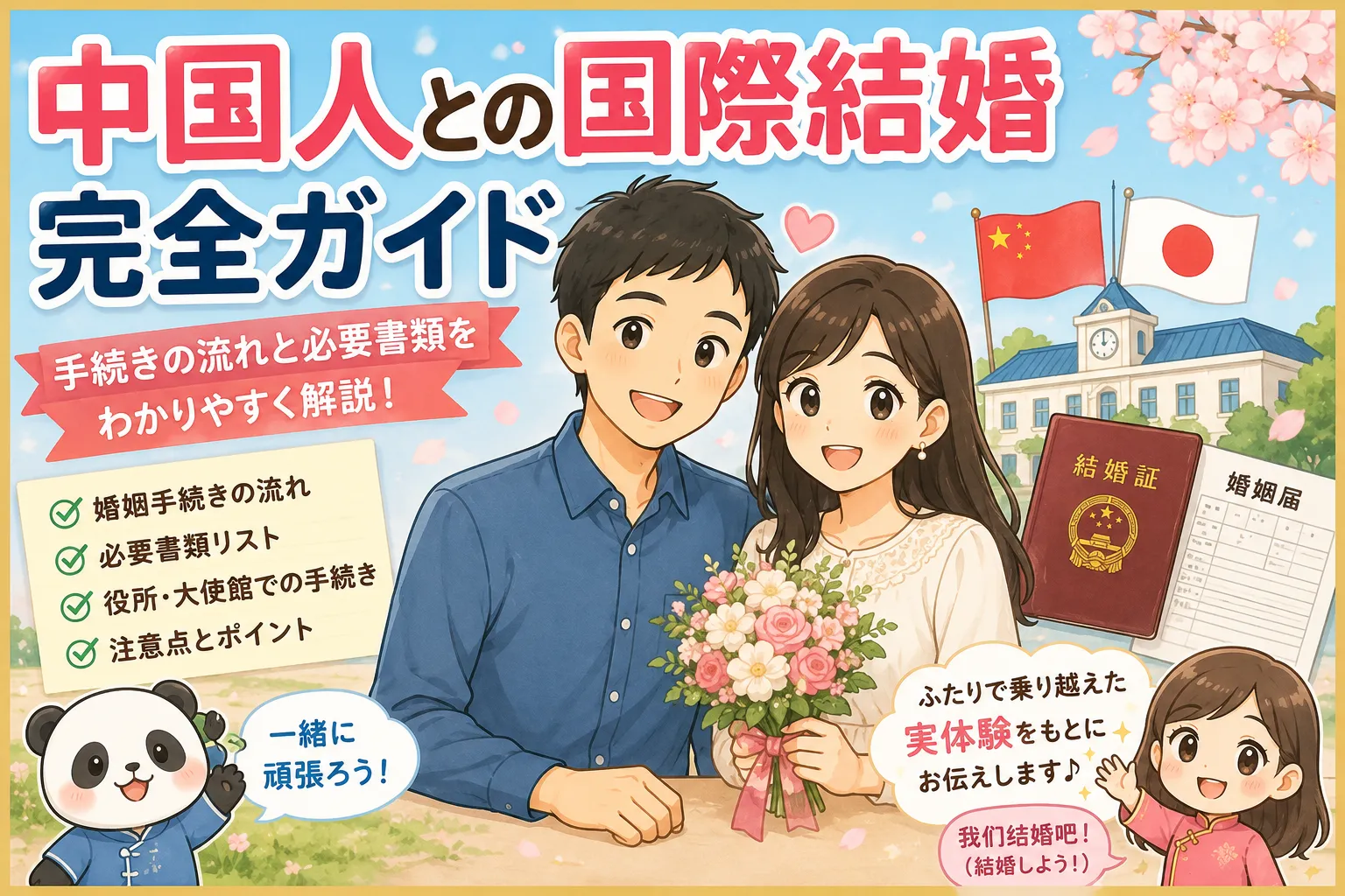 中国人との国際結婚について、婚姻手続きの流れや必要書類、役所・大使館での手続きを紹介する完全ガイドのイラスト。