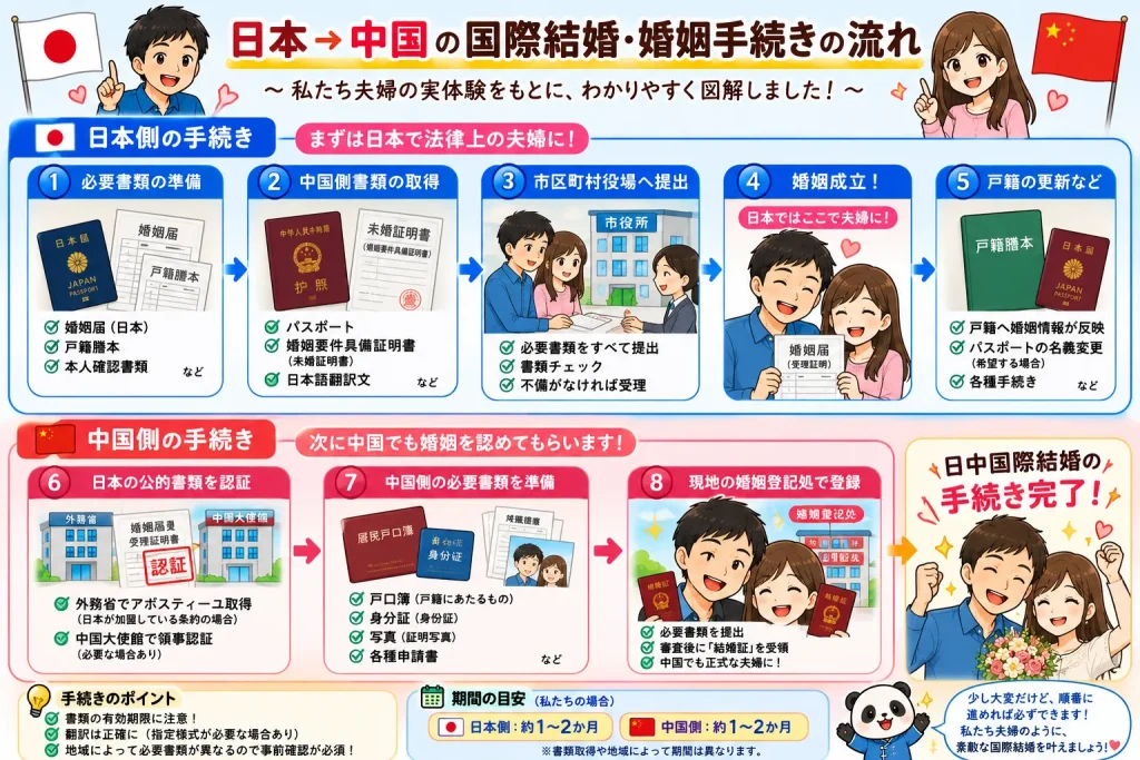 日本人と中国人の国際結婚について、日本での必要書類の準備・婚姻届提出から、中国側での必要書類の準備・婚姻に関する手続きまでの流れをまとめた図解。