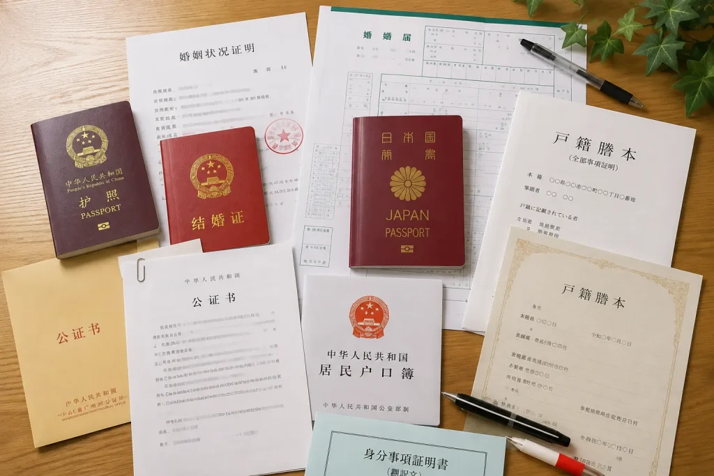 日本人と中国人の国際結婚手続きをイメージし、婚姻届、パスポート、戸籍関係書類、中国側の証明書類などを机の上に並べた写真風画像。