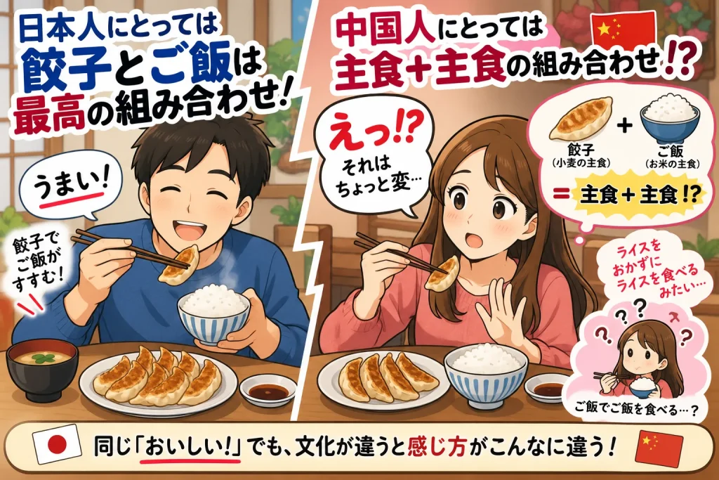 日本人には定番の「餃子とご飯」が、中国人には「主食と主食」の組み合わせに感じられる食文化の違いを比較したイラスト。