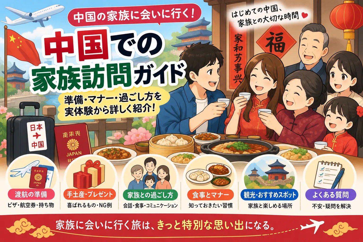 中国人妻の実家を初めて訪問した日本人夫が、中国の家族との食事や交流、手土産、マナー、現地での過ごし方を実体験から紹介する記事のイラスト。